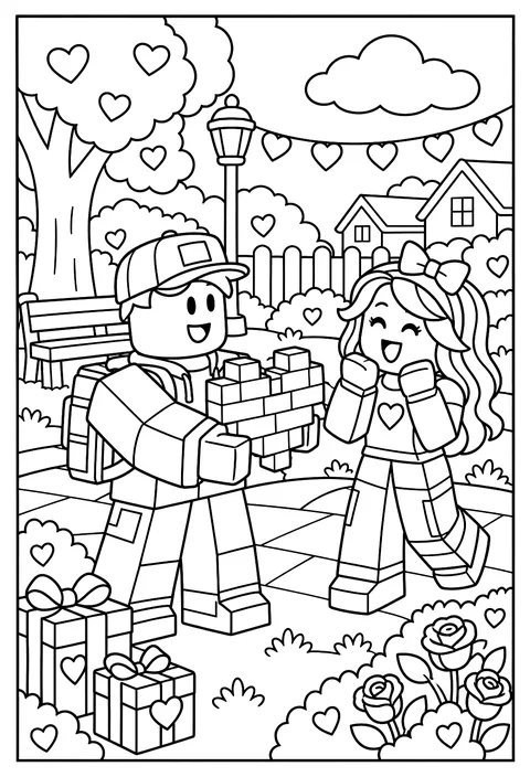A Roblox avatar holding a heart made of blocks for Valentine's Day coloring page
