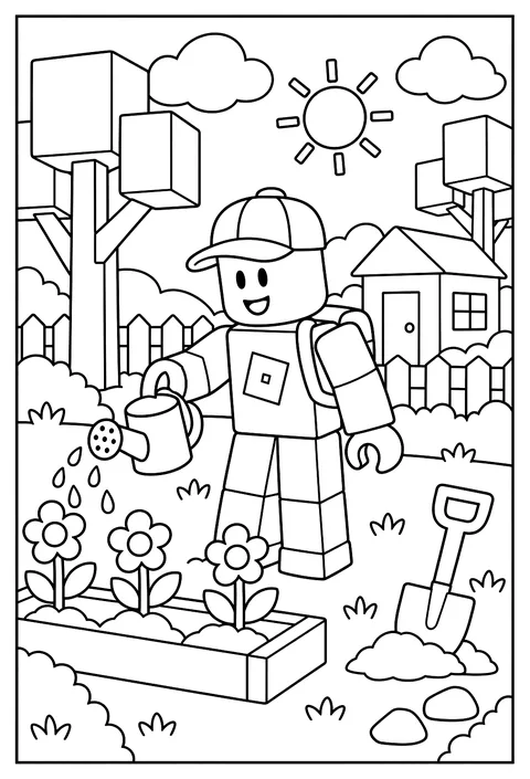 A Roblox avatar planting a garden of blocky flowers and trees coloring page