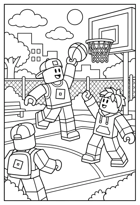 A Roblox avatar playing basketball on a blocky court with a hoop coloring page