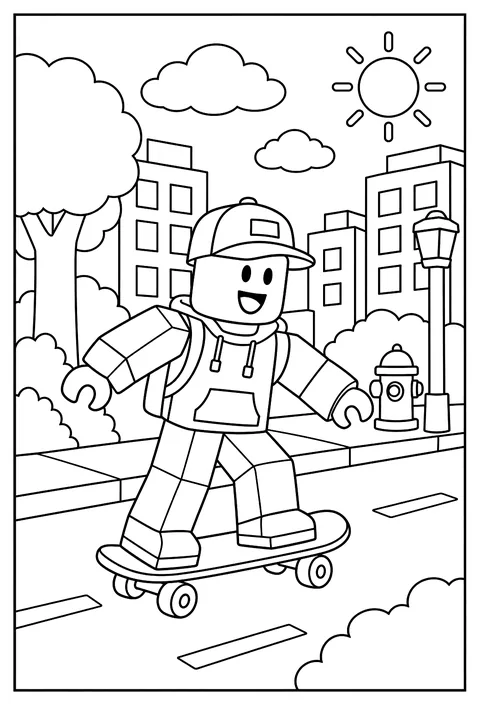 A Roblox avatar riding a skateboard through a blocky city street coloring page