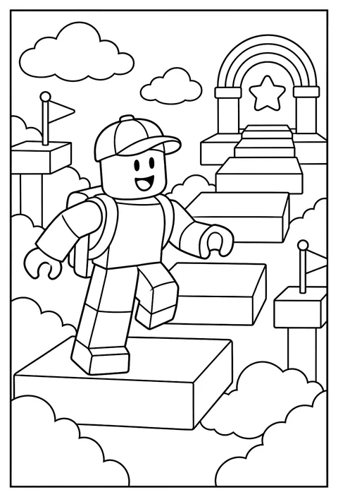 A Roblox avatar standing in a rainbow-block obstacle course coloring page