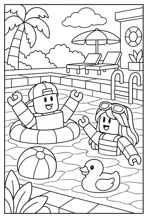 A Roblox avatar swimming in a blocky pool with a pool float coloring page