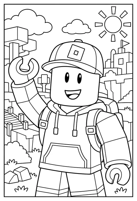A close-up portrait of a Roblox avatar with a cylindrical head and a simple cap coloring page