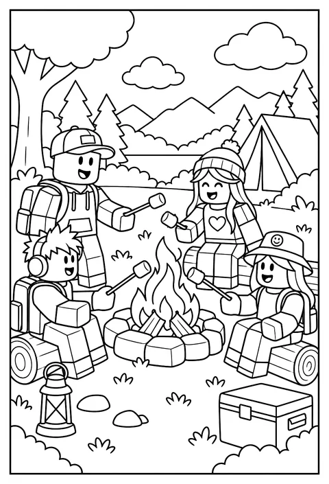 A group of Roblox avatars around a blocky campfire roasting marshmallows coloring page