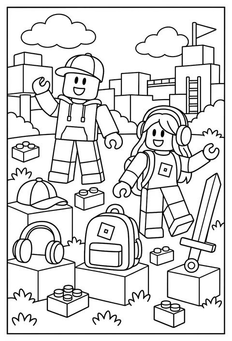 A pattern page of building blocks, hats, backpacks and gear icons coloring page