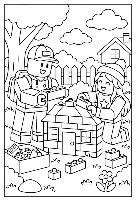 Two Roblox avatars building a house together out of colorful blocks coloring page