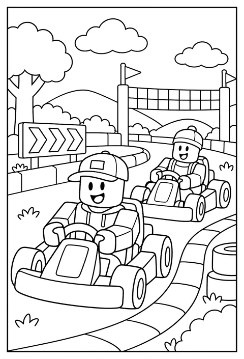 Two Roblox avatars racing go-karts around a blocky track coloring page