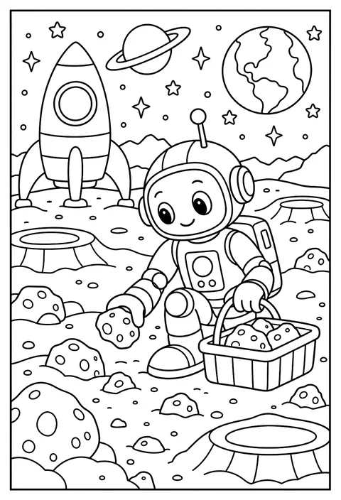 A robot astronaut collecting moon rocks in a basket coloring page