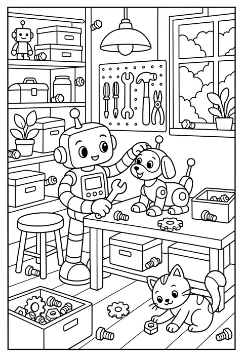 Hidden-object page: a robot workshop with 12 hidden bolts coloring page