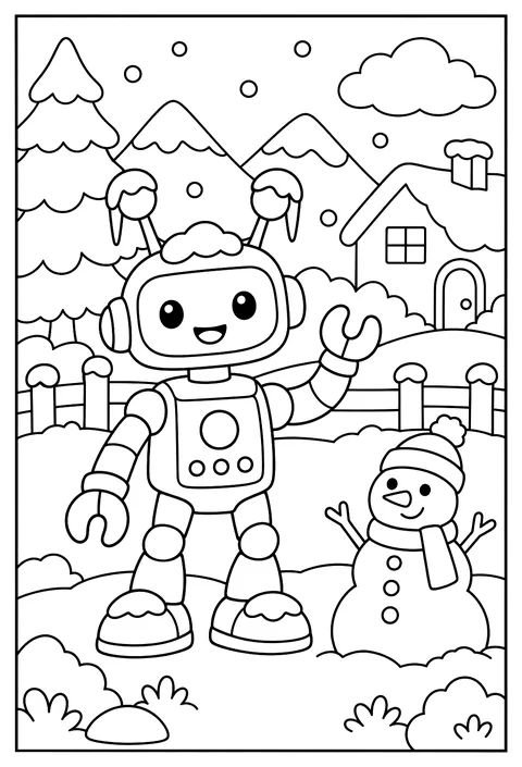 A robot in the snow with icicles on its antenna coloring page