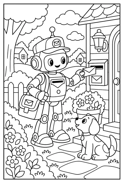 A robot mail carrier with a slot for letters in its chest coloring page