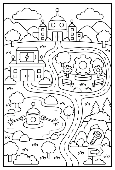 A map of Robot City with a battery station, a gear park, a laser lake and a hidden screw coloring page