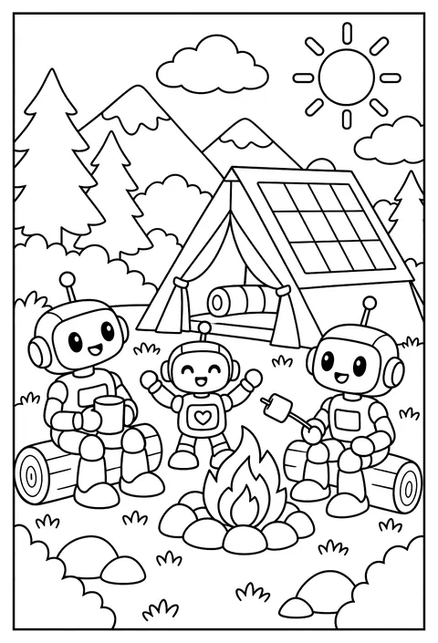Robots camping with a solar-panel tent coloring page
