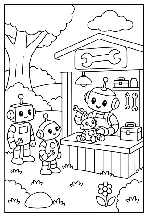 A robot running a repair shop for other robots with tiny wrenches coloring page