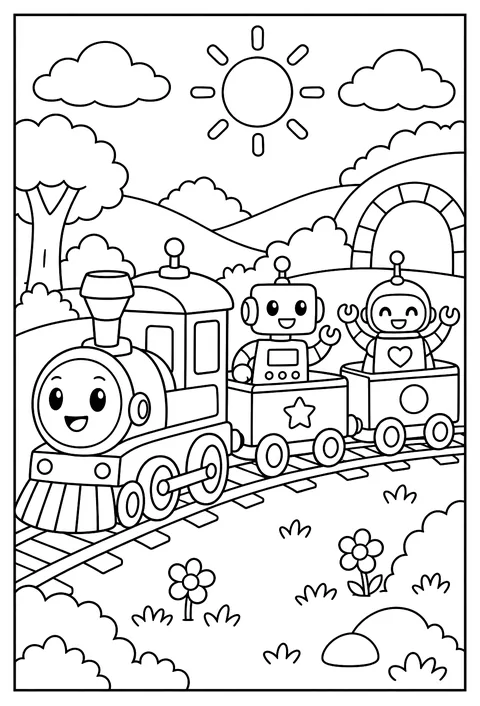 A robot train where each car is a different robot coloring page