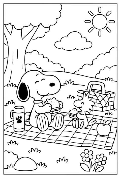 Snoopy and Woodstock having a picnic on a checkered blanket with sandwiches coloring page