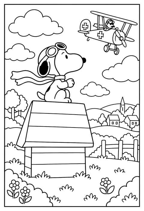 Snoopy as the World War I Flying Ace wearing goggles and a scarf, pretending his doghouse roof is a plane, with the Red Baron's plane in the distance coloring page