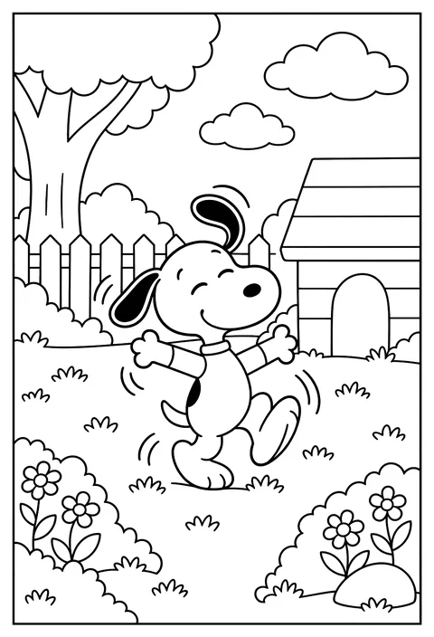 Snoopy doing his happy dance with his ears flopping and eyes closed coloring page