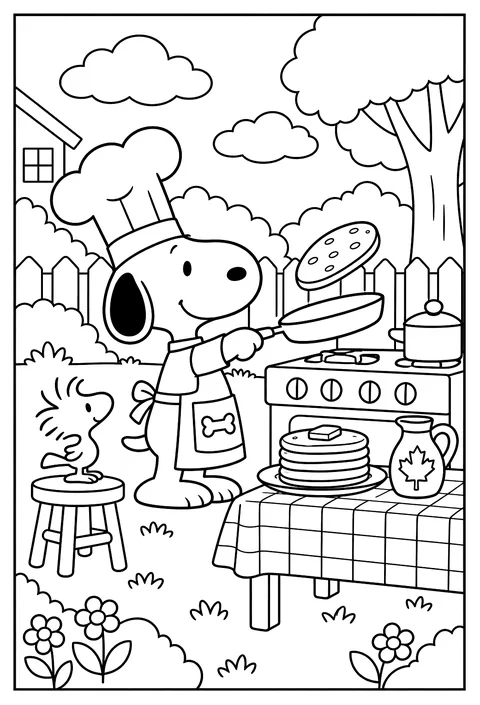 Snoopy dressed as a chef flipping pancakes at a stove coloring page