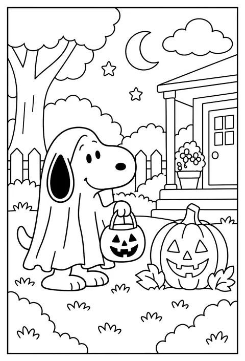 Snoopy dressed as a friendly ghost under a sheet for Halloween, next to a carved pumpkin coloring page