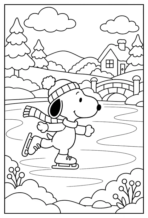 Snoopy ice skating across a frozen pond coloring page