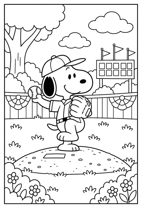 Snoopy playing baseball on a pitcher's mound with a glove and a ball coloring page