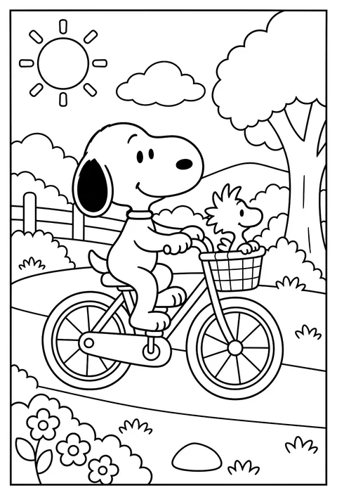 Snoopy riding a bicycle with Woodstock sitting in the front basket coloring page
