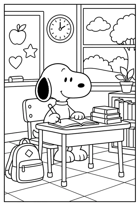 Snoopy sitting at a school desk with a pencil and a stack of books coloring page