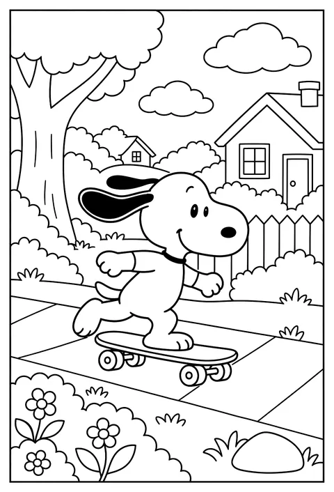 Snoopy skateboarding down a sidewalk with his ears blown back coloring page
