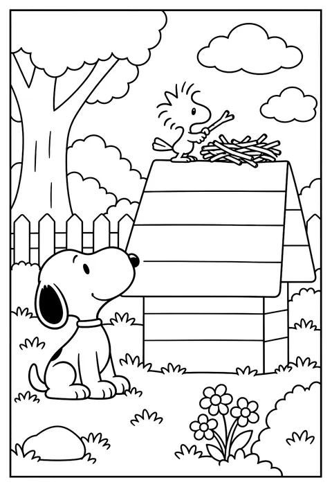 Woodstock building a twig nest on top of Snoopy's doghouse coloring page