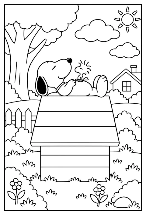 Woodstock the little bird perched on Snoopy's stomach as he relaxes coloring page