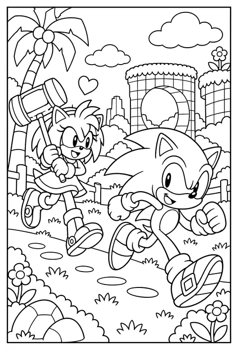 Amy Rose chasing Sonic with her hammer and a heart above her coloring page