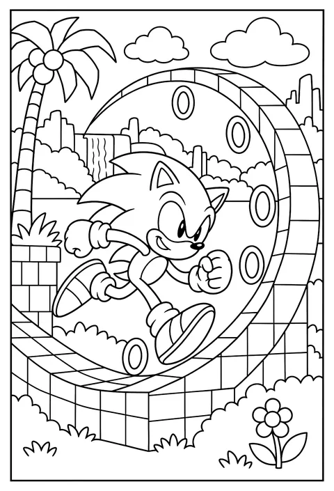 Sonic collecting golden rings on a loop-de-loop coloring page