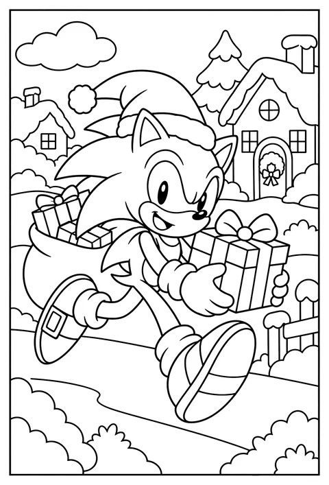 Sonic in a Santa hat delivering presents at super speed coloring page