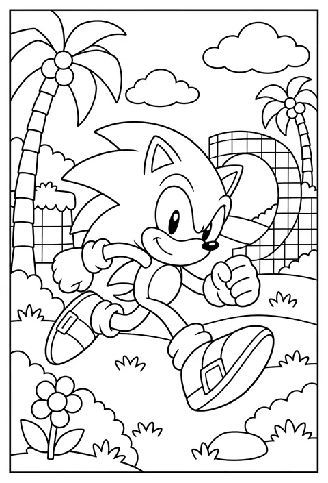 Sonic running at full speed through Green Hill Zone with checkered hills and palm trees coloring page