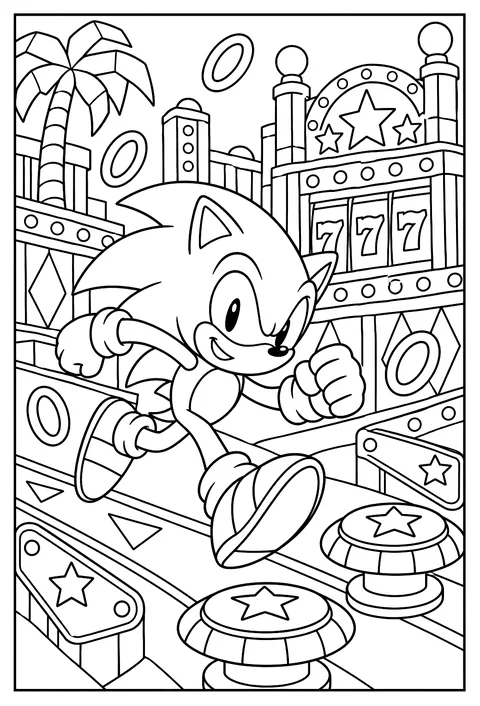 Sonic running through a casino zone with pinball bumpers coloring page