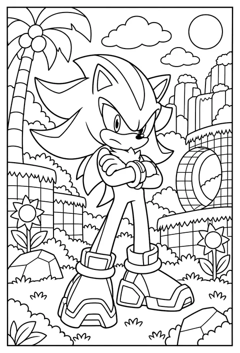 Shadow the Hedgehog in a hero pose with crossed arms coloring page