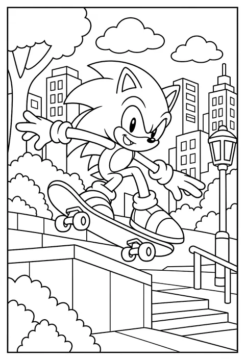 Sonic skateboarding in a city coloring page