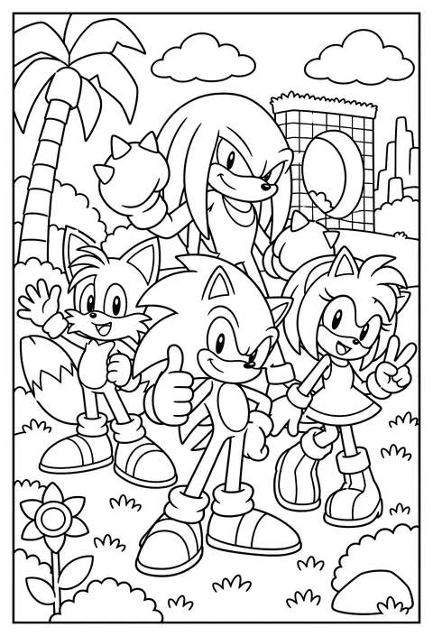 Sonic, Tails, Knuckles and Amy group pose coloring page
