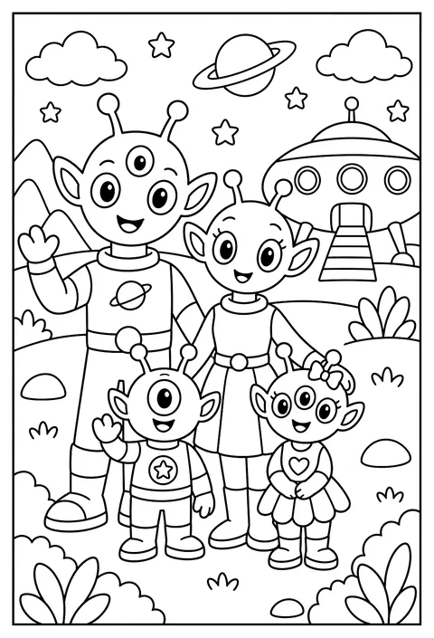 An alien family portrait with different numbers of eyes coloring page