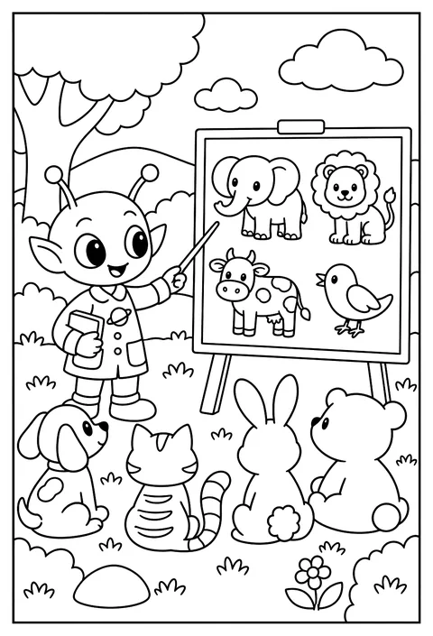 An alien teacher with a lesson on earth animals coloring page