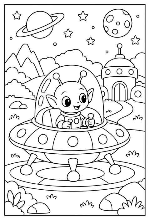 A baby alien learning to fly a tiny saucer coloring page