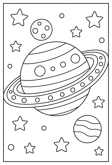 Close-up of a planet with rings drawn as a pattern of stripes and dots coloring page
