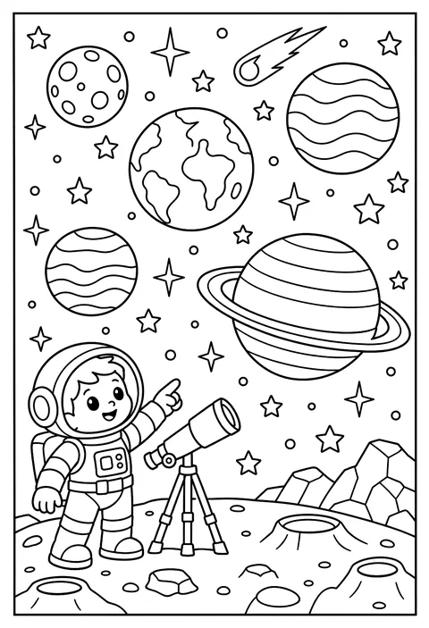 Count-and-color: five planets of five sizes coloring page