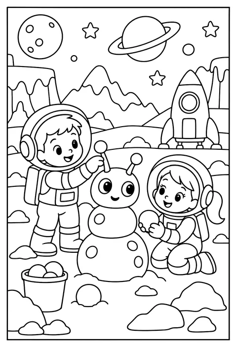 An ice planet with astronauts building a snow alien coloring page
