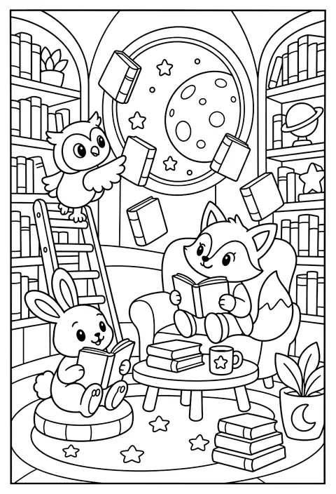 A moon library with books floating off the shelves coloring page