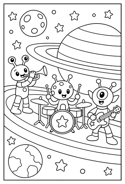 A space orchestra: aliens playing instruments on rings of saturn coloring page