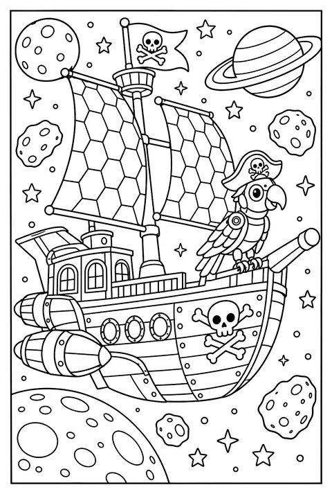 A space pirate ship with solar sails and a robot parrot coloring page