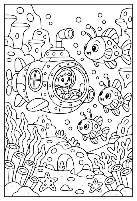 A submarine on a water planet meeting space fish coloring page