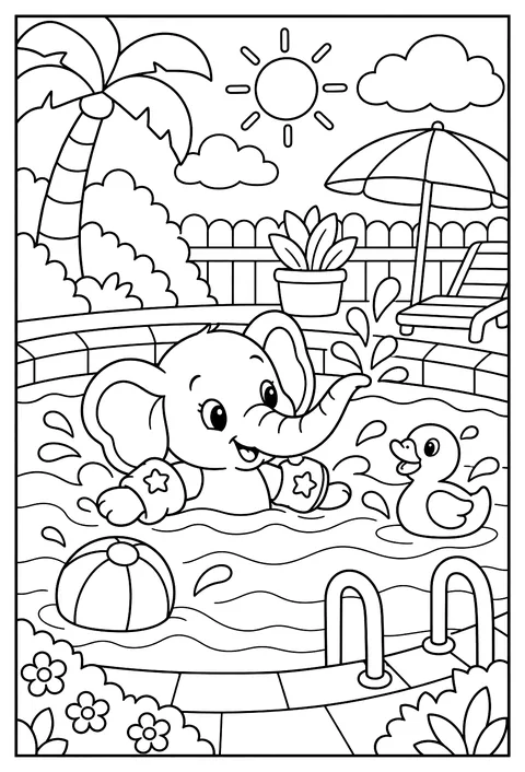A baby elephant learning to swim in a pool with floaties coloring page